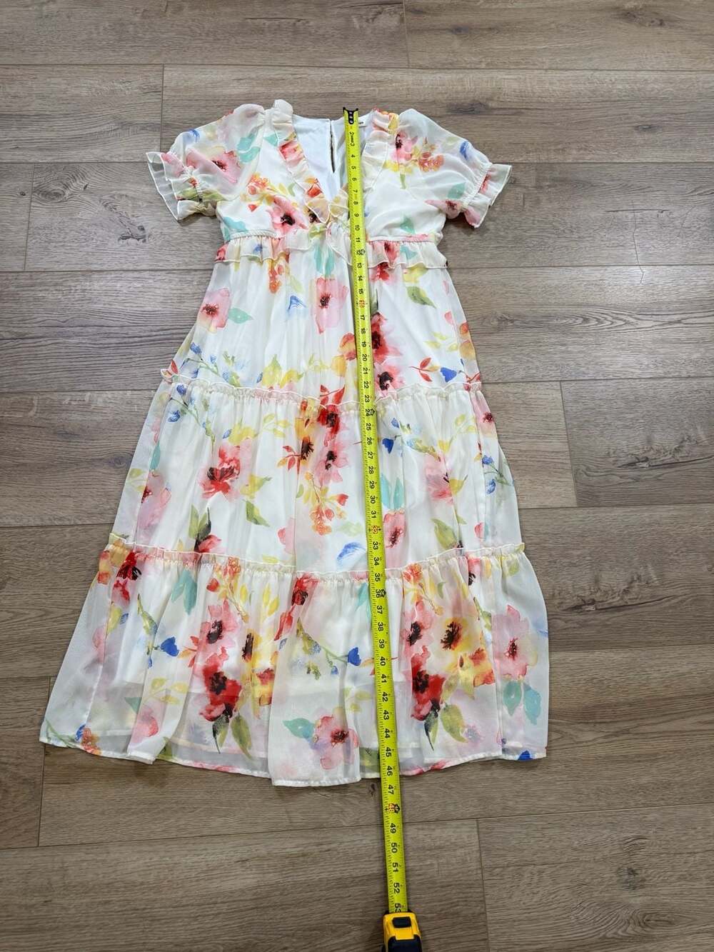 GeeGee Floral Tiered Chiffon Midi Dress Flutter Sleeve V-Neck Boho Women’s L - Picture 4 of 13